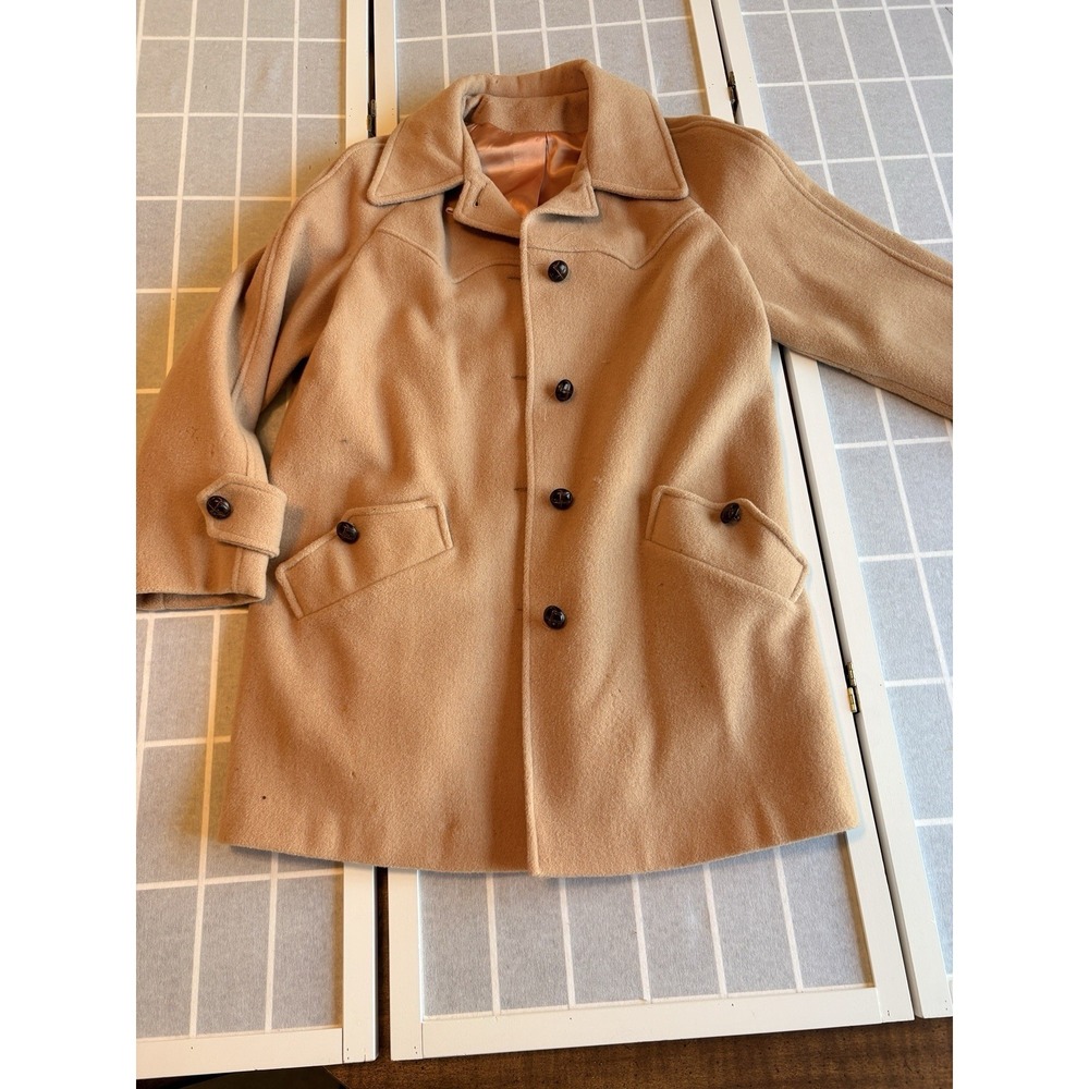 Vintage 60s Camel Wool Swing Coat Noble Fashions USA A Line Midi Trench Sz Large